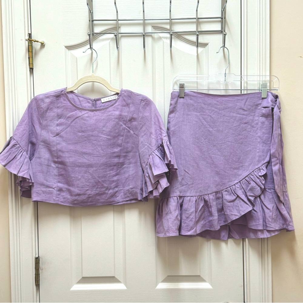 Karlie-Size M Lavender Linen Cropped Ruffle Sleeve Top & Wrap Skirt Matching Set